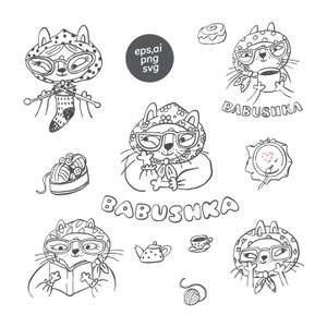 Babushka Clipart Bundle, Funny Grandma Line Art Illustrations, Cozy Tattoo Style Graphics For Stickers, Cat SVG Set