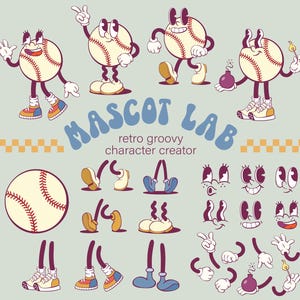 Retro Baseball Mascot Creator, Zabawny Groovy Character Kit, Clipart w stylu węża gumowego do logo, wydruków, naklejek i projektów brandingowych