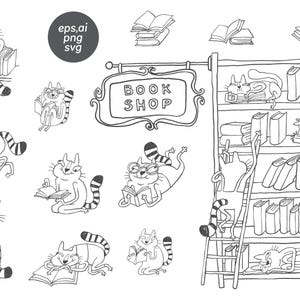Funny and cute cat characters in a bookshop, line art doodle style comic prints, minimalist sketches