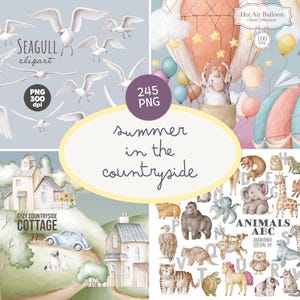 Skurrile Landschaft Clipart Bundle - Handgezeichnete niedliche Illustrationen - Sommer Stadthäuser - Meer - Rustikal Sommer entfliehen