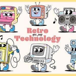 Set of retro mascot characters clipart download, vintage computer, doodle stickers, vector graphics, cool, 90s, trendy, groovy mascot
