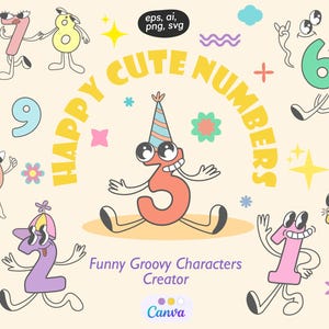 Números Caprichosos, Personagens Engraçados de Números Clipart, Criador de Mascote de Número Retro Groovy, Kit SVG de Dígitos de Desenho Animado Bonito, Modelo Canva