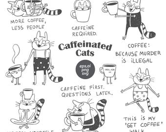 Clipart divertente di un gatto con un caffè e scarabocchio, pacchetto SVG di un cartello sarcastico