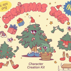クリスマスツリーのキャラクター作成キット、レトロでグルーヴィーなクリスマスマスコット、キャラクターデザイン、クリスマスツリーのアイコン、クリスマスカードの DIY デジタルダウンロード
