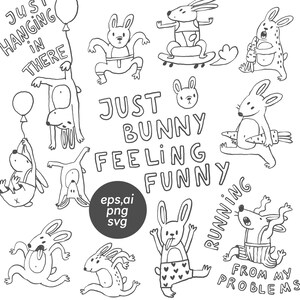 Funny Quirky Bunny Line Art, Comic Bunny Prints, hand drawn characters, silly animals, logo canva template svg, rabbit cartoon outline