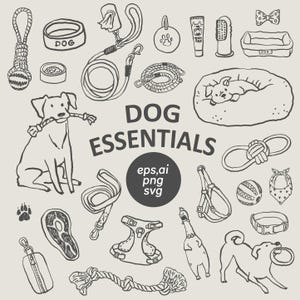 Dog Essentials hand drawn sketch slyle illustrations bundle, dog toys, dog mom supplies, pet branding, canva svg, puppy essentials doodle
