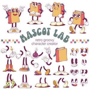 Retro Groovy Book Mascot Creation Kit - EPS, png, mascotteonderdelen, boek cartoon karakterontwerp, logo, maker retro mascotte, terug naar school