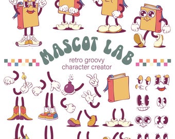 Retro Groovy Book Mascot Creation Kit - EPS, PNG, Mascot Parts, Book Cartoon Character Design, Logo, Retro Mascot Creator, Back to School