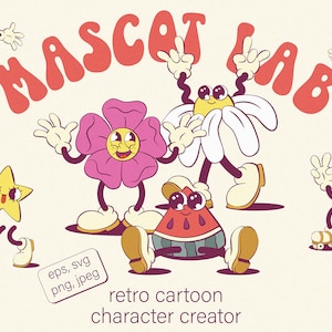 Kit de creación de mascotas, creador de personajes de mascotas retro y geniales, diseño de personajes, creador de mascotas de dibujos animados vintage, caras, manos, piernas y logotipos