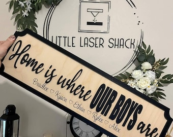Può includere: Un cartello in legno con la frase "Home is where OUR BOYS are" in lettere nere. Il cartello ha un bordo nero e include nomi sotto il testo principale. Fiori decorativi e un orologio sullo sfondo.