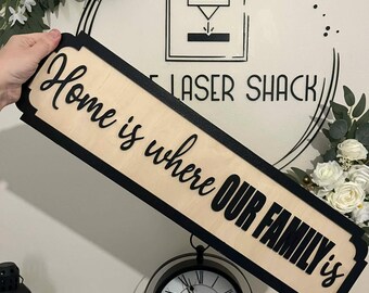 Può includere: Un cartello in legno con la frase "Home is where OUR FAMILY is" in lettere nere. Il cartello ha un bordo nero e un centro con venature chiare. Il cartello è tenuto davanti a un orologio e fiori decorativi.