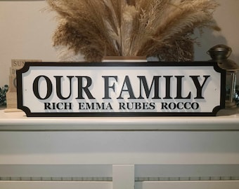Può includere: Un cartello in legno bianco con lettere nere che recita "Our Family" con i nomi Rich, Emma, Rubes e Rocco sotto. Il cartello ha un bordo nero e angoli arrotondati.