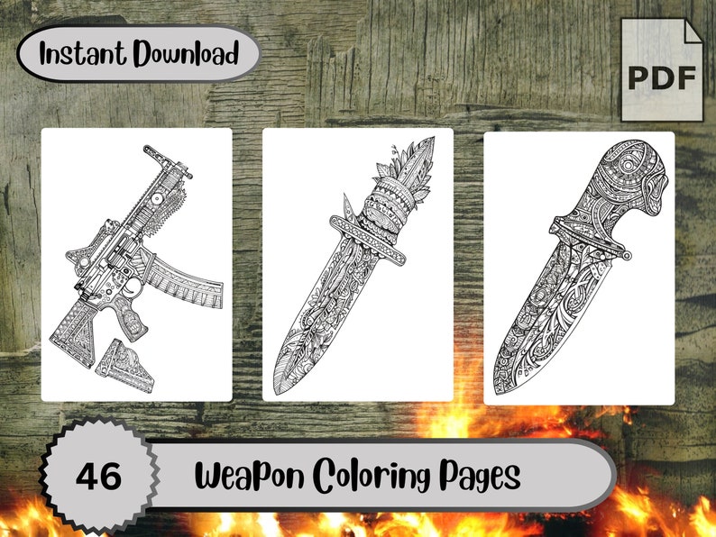 Weapon Coloring Pages All Ages Coloring Book, 46 Printable PDF Pages, Instant Download ...