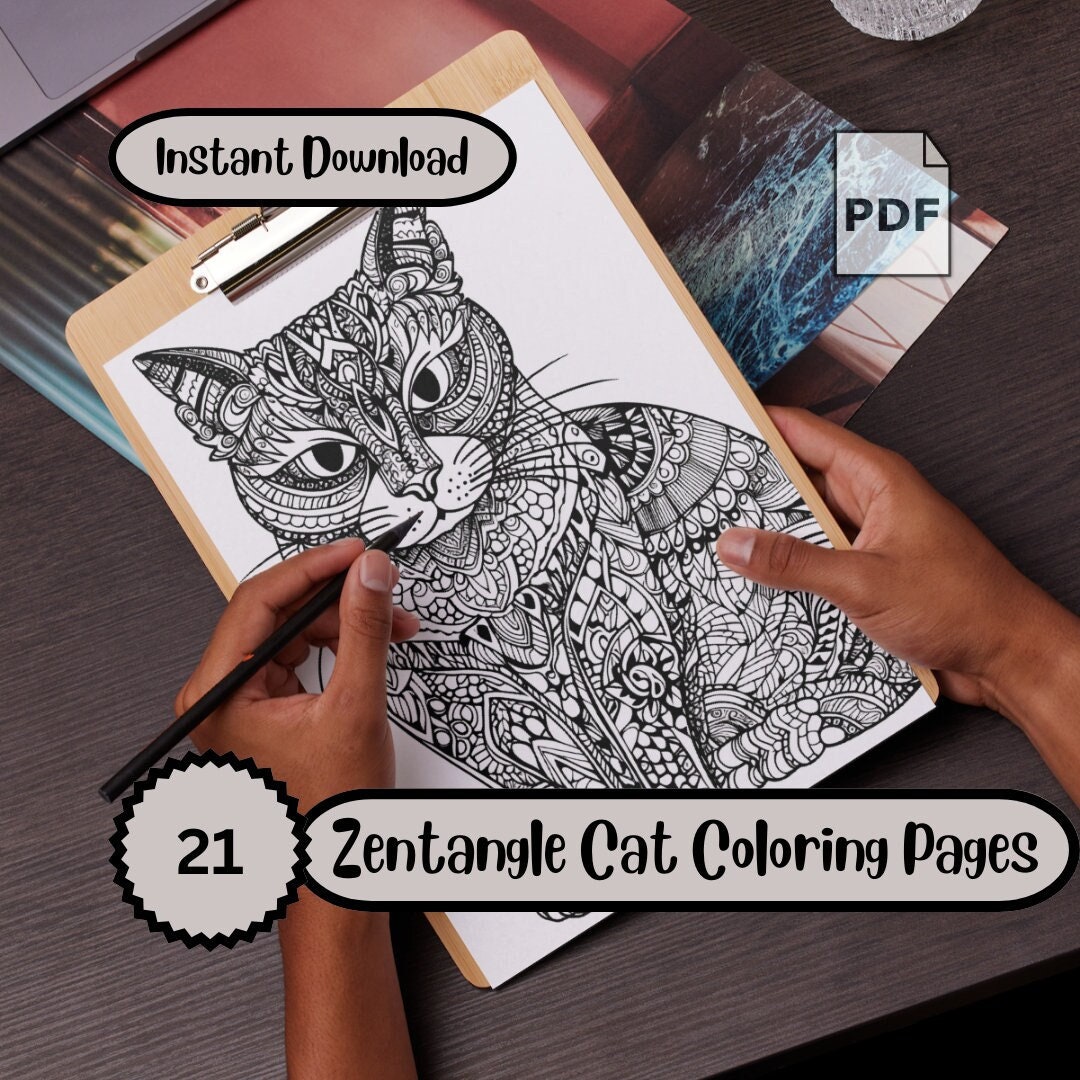 Zentangle Cat Coloring Pages, 21 PDF Unique Designs, Instant Download