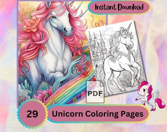 Página para colorear de unicornio arcoíris, hoja para colorear de fantasía Página para colorear de arcoíris DIY para colorear divertido libro para colorear con tema de unicornio (PDF) Arte imprimible