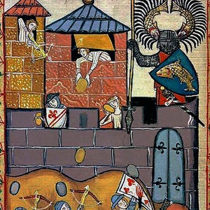 May include: Medieval battle scene print. The artwork depicts a castle under siege, with soldiers in blue armor and helmets attacking. The print features a vibrant color palette of reds, blues, and yellows, with a black border.