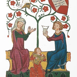 Impresión en lienzo enmarcada de una pareja medieval: réplica del Códice Manesse alemán