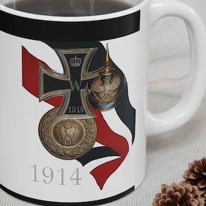 German Empire WWI German Military History Ceramic Mug, Gift for History Enthusiasts, Prussian Helmet, German Flag, Belt buckle, 11oz Mug