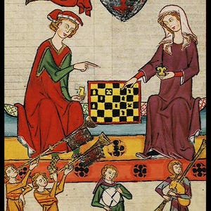 May include: A medieval illustration depicting a man and woman playing chess. The man is wearing a red and green robe, while the woman is wearing a purple robe. They are seated on a colorful patterned rug. There are musicians playing instruments in the background.
