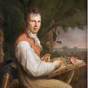 May include: Poster featuring a portrait painting of a person seated outdoors, holding a book and a flower. The person is wearing a light-colored shirt and pants. The background includes lush green foliage and a distant landscape. The overall color palette is muted earth tones with hints of green and pink.