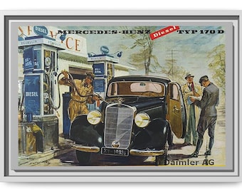 Vintage 1949 Petrol Station Framed Canvas, a classic Mercedes 170d