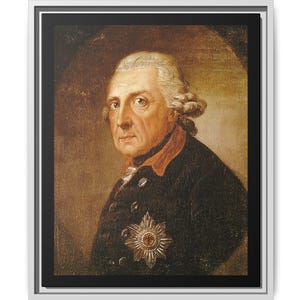 May include: A framed portrait of a man in a dark coat with a red collar and a star-shaped emblem. The man has white hair and is looking directly at the viewer. The painting has a vintage aesthetic.
