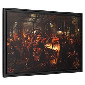 Framed Canvas, Industrial Art, Adolph Menzel, Iron Rolling Mill, 1875, Modern Cyclops, Factory Workers, Matte Wall Decor, Home Office