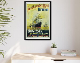 North German Lloyd Steamship Ad Framed Canvas, 19th Century Bremen