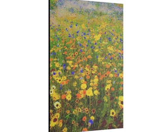 Campo de flores de Gustav Klimt, lienzo estirado mate, 0,75&quot;, decoración floral colorida, amarillo, azul, naranja, exuberante prado verde, decoración del hogar