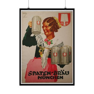 Vintage Beer Night Vertical Posters, Octoberfest Ambiance, Spaten Brau Ad by Ludwig Hohlwein, Matte Wall Art Prints, Beer Lover Gift, Home