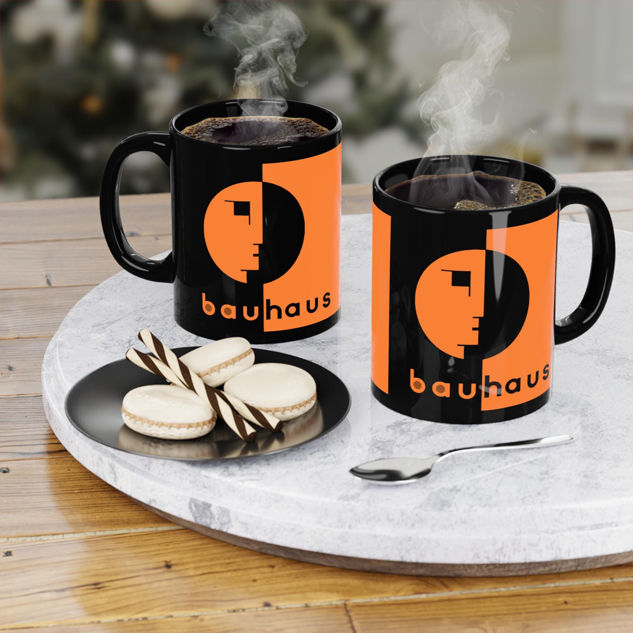 Bauhaus Logo Coffee Mug: Black Ceramic 11oz Cup, Modern Office