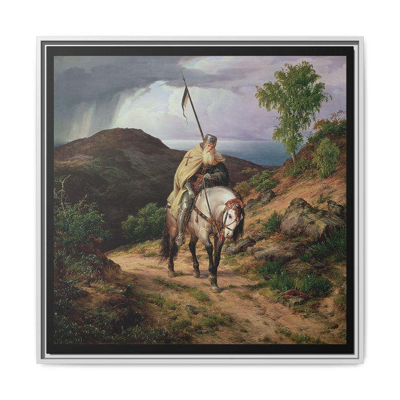 May include: A framed print of an oil painting depicting a knight on horseback. The knight, wearing a helmet and cape, holds a spear with a black and white flag. The scene is set on a dirt path with a mountainous backdrop and stormy sky.
