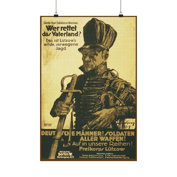 Vintage German Military Poster, Freikorps Lützow Print, WWI Era Vintage German Military Poster, Freikorps Lützow Print, WWI Era