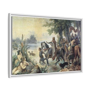 Framed Canvas Print, Charlemagne River Crossing Painting, Historical Artwork, Matte Wall Decor, Historical Gift for History Buffs