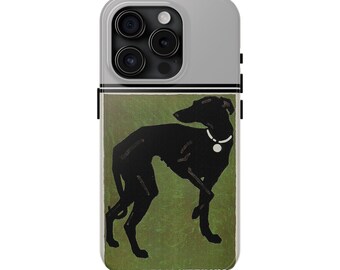May include: A phone case with a black and white illustration of a dog on a green background. The text "HUNDE-AUSSTELLUNG" is at the bottom of the case.