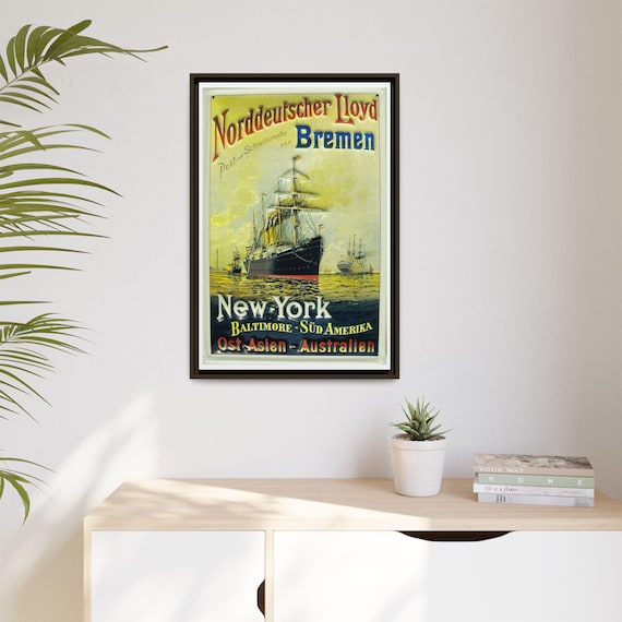 North German Lloyd Steamship Ad Framed Canvas, 19th Century Bremen
