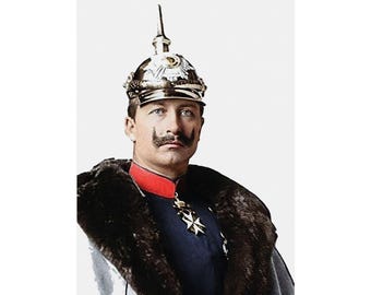 May include: A portrait of a person wearing a silver-colored Pickelhaube helmet with a pointed spike, a dark blue military-style coat with a red collar, and a dark brown fur-lined cape. A white cross-shaped medal is pinned to the chest.