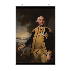 May include: A portrait painting of George Washington in a military uniform. He is wearing a gold and black uniform with a white cravat and a variety of medals. He is holding a sword in his right hand.