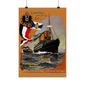 De Hamburgo a América, siglo XIX... Cartel mate... Cartel publicitario de viajes en barco de vapor desde Alemania a América y al resto del mundo.