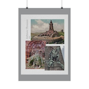 May include: A collage of images depicting the Niederwalddenkmal, a monument in Germany. The top image shows the monument from a distance, while the bottom two images show close-ups of sculptures on the monument. The text "Roffhäuser Monument 1896" is visible in the top left corner.