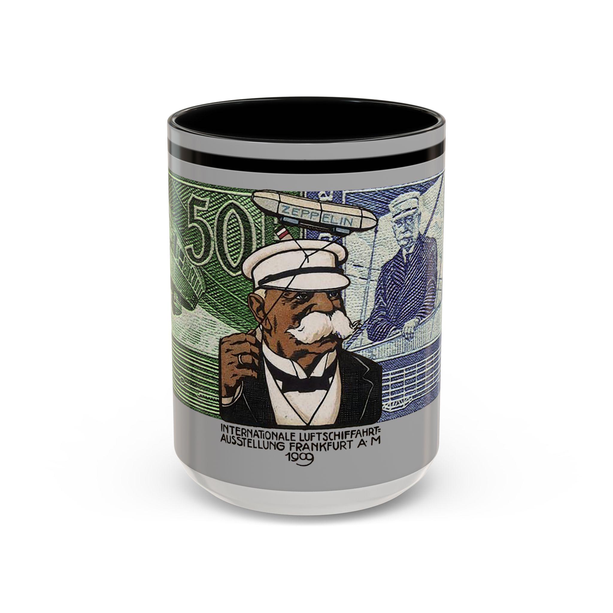 Vintage Graf Zeppelin Karikatur-Keramikbecher, Luftschiff zeigen Frankfurt 1909, Graf Zeppelin Erfinder, Zeppelin Luftpost Briefmarken Kaffeetasse,