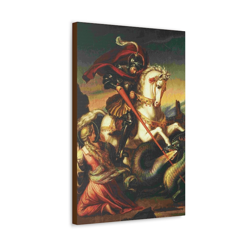 May include: A painting depicting Saint George slaying a dragon. Saint George is on horseback, wearing armor and a red cape, and is piercing the dragon with a spear. A woman kneels in the foreground, looking up at the scene.