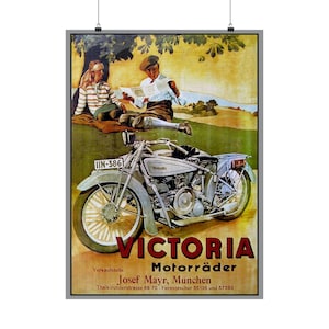 German vintage motorcycle advertisement ...Premium matte poster...features a young couple relaxing next to their Victoria brand motorbike