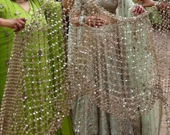 Spegelarbete Dupatta: Indisk bröllopsposhida Sheesh med guld och silver