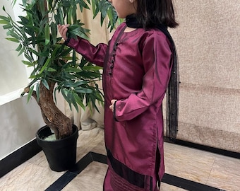 Girls' Purple Raw Silk Shalwar Kameez: Pakistani Eid Suit