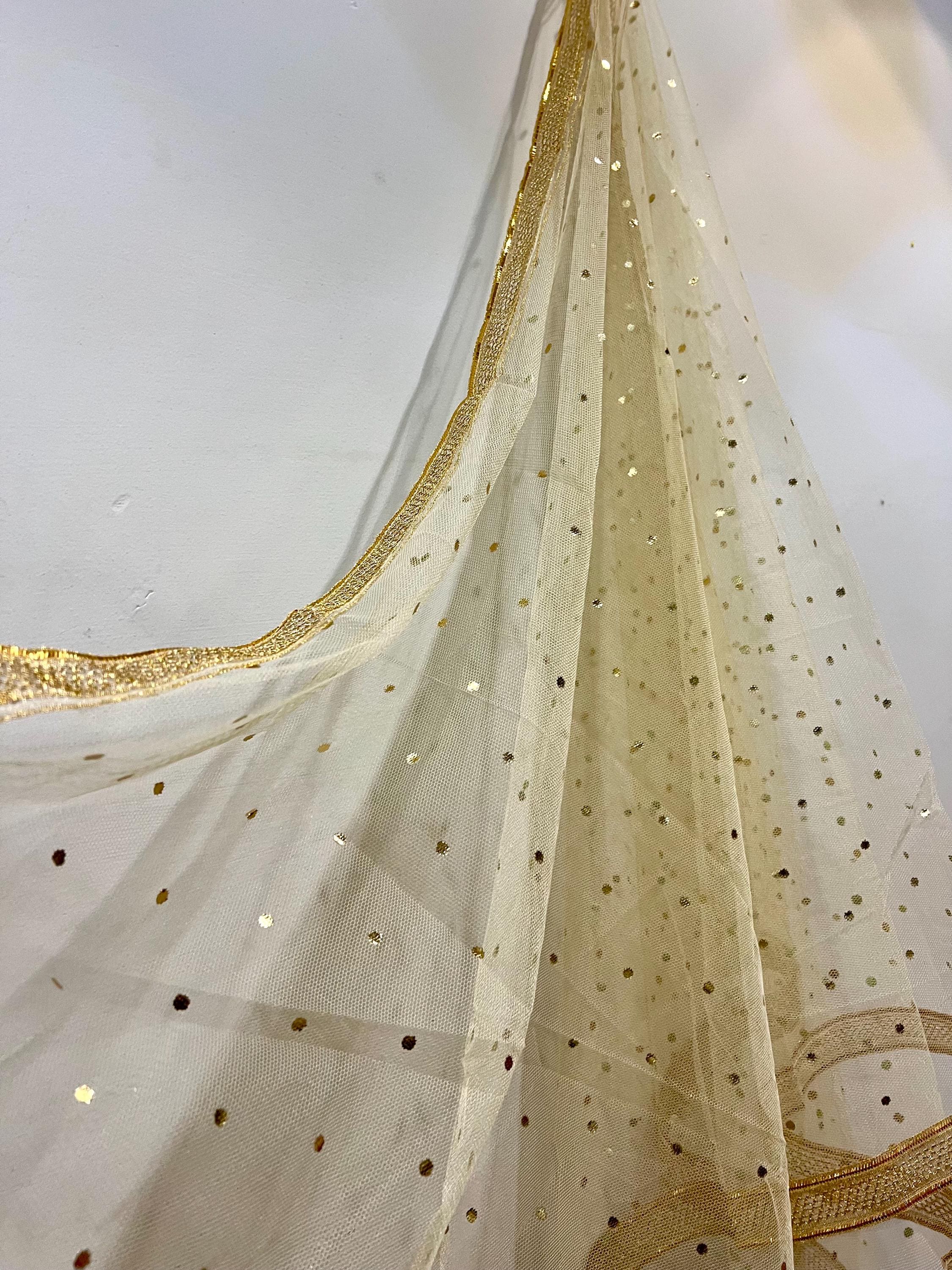 Net Dupatta with Gold Foil Polka Dots Indian Bridal Wedding Scarf