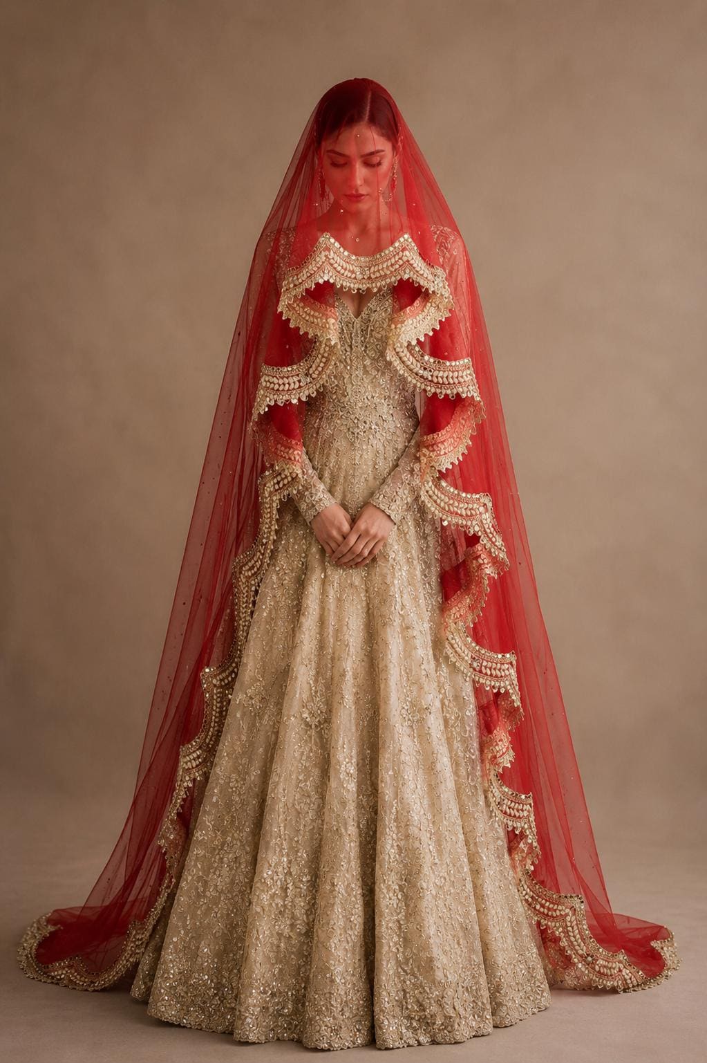 golden bridal dress with red dupatta Overskirt
