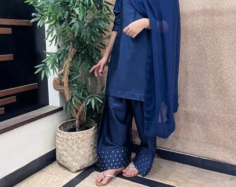 Silk Farshi Salwar Kameez Suit: Pakistani Organza Dupatta Dress