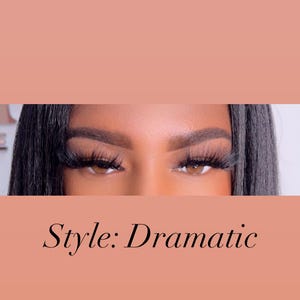 May include: Close-up of a person's eyes with dramatic false eyelashes. The text "Style: Dramatic" is below the eyes.