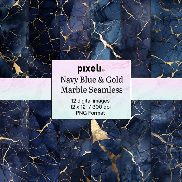 Navy Blue & Gold Marble - 12 Seamless Patterns digital paper commercial use digital download marble texture scrapbook paper digital prints